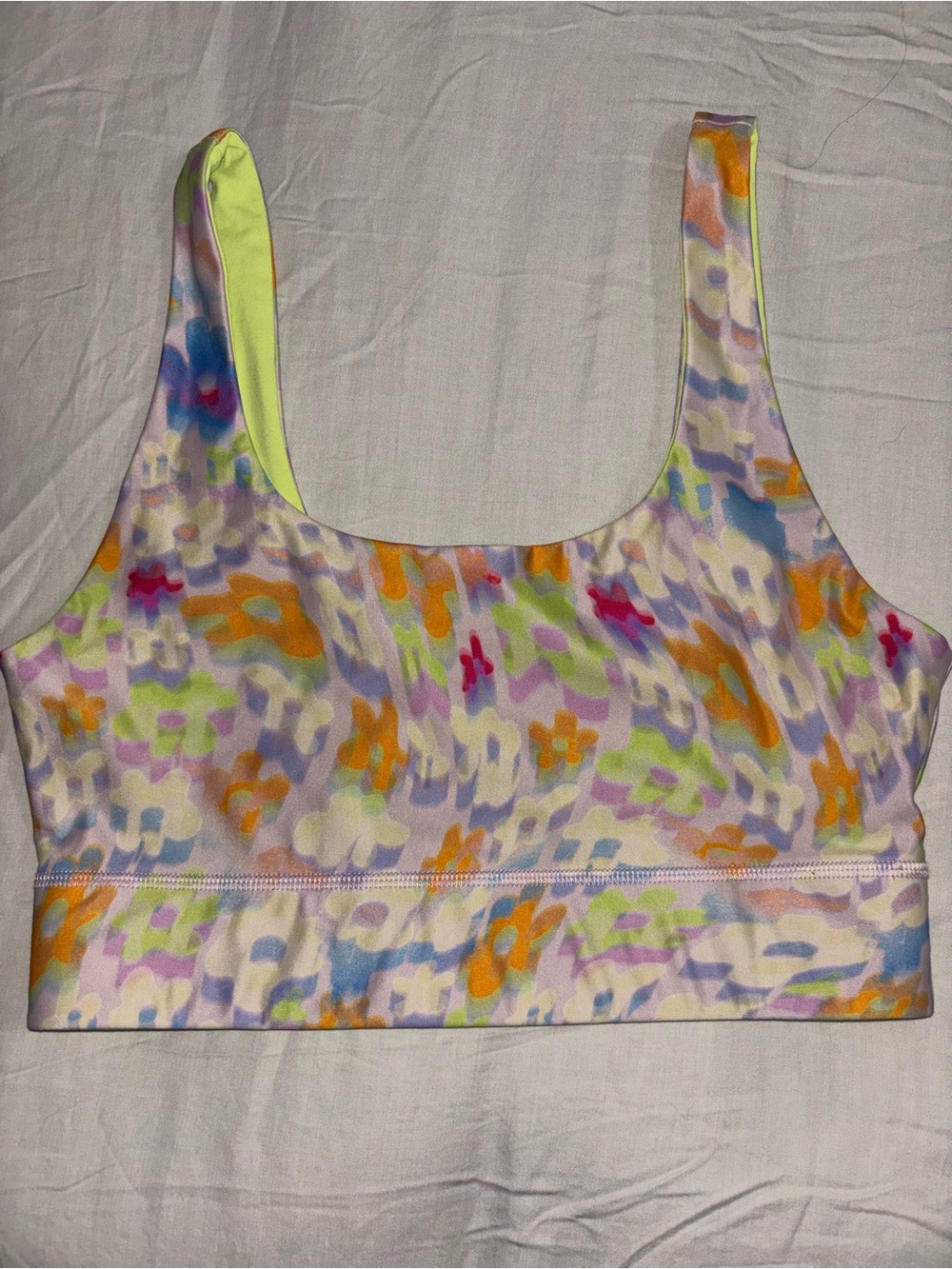 Fabletics Reversible Sports Bra - Colorful Abstract Florals & Neon Green